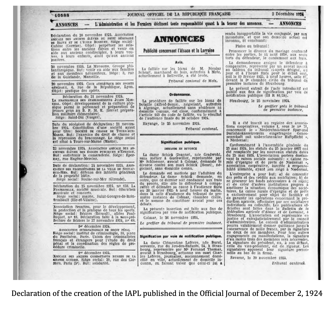 Declaration of the creation of the IAPL published in the Official Journal of December 2, 1924